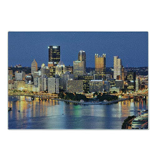 Ambesonne City Pittsburgh Cutting Board- Night Scene of Skyscrapers in Downtown Pennsylvania Skyline Busy City Life- Decorative Tempered Glass Cutting and Serving Board- Small Size- Multicolor