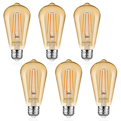 Ascher Dimmable Vintage LED Edison Bulbs 6W- Equivalent 60W- Amber Warm 2300K- 700 Lumens- Antique Style ST58 LED Filament Bulbs- E26 Base- 6 Packs