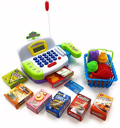 Toy Cash Register Cashier Playset Battery Operated, Kids Pretend Play Set,Colorful Childrens Cash Register w/Microphone, Scanner, Calculator, Play Money & Groceries/Kids Supermarket Cashier (Green)
