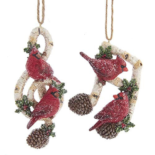 Kurt Adler Red Cardinal Birds On Birch Branch Music Note Ornaments 2 Assorted