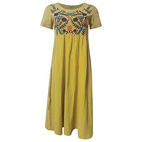 Womens Plus Size Fashion Summer Vintage Short Sleeve O-Neck Embroidered Casual Loose Dress Cotton Linen Maxi Dresses Yellow Womens Plus Size Fashion Summer Vintage Short Sleeve O-Neck Embroidered Casual Loose Dress Cotton Linen Maxi Dresses Yellow
