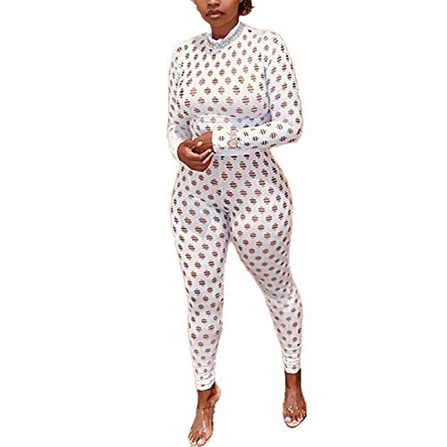 ECHOINE Sexy Jumpsuits for Women Clubwear - Hollow Out Long Sleeve One Piece Bodycon Romper Clubwear White