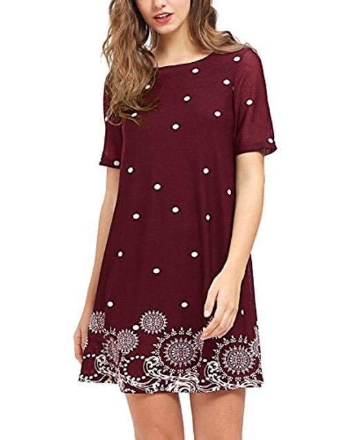 Romwe Women's Short Sleeve Floral Print Loose Casual Tunic Swing Summer Shirt Dress Burgundy XL