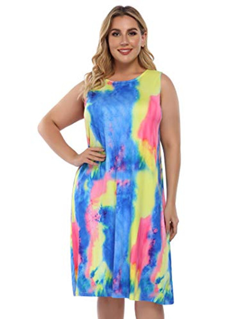AMZ PLUS Womens Tie Dye Dress Plus Size Casual Boho Sundress Summer Sleeveless Dresses Tie Dye Blue Yellow 3XL
