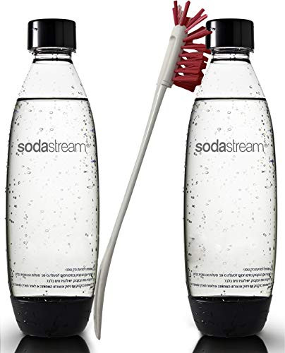 Original Soda Stream Replacement Extra Sodastream Twin Pack Black Source Water Bottles 1 Liter Bundle with Kidscare Extendable Bottle Cleaning Brush