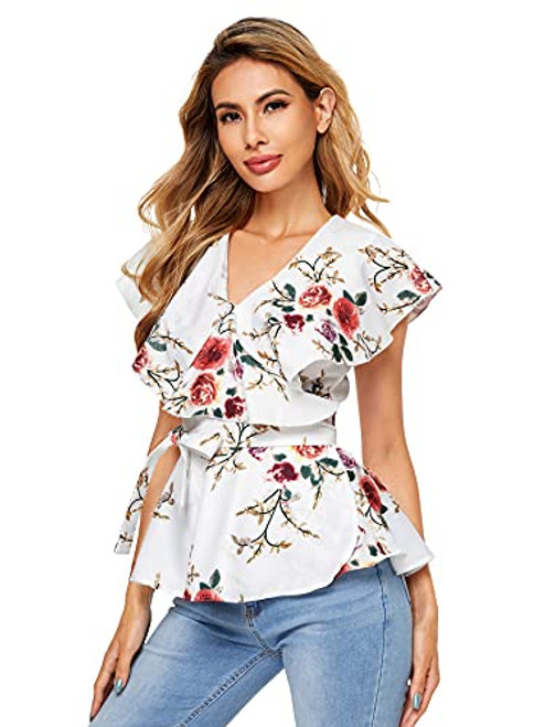 SOLY HUX Women's Floral Print V-Neck Surplice Tie Front Ruffle Wrap Peplum Blouse White L SOLY HUX Women's Floral Print V-Neck Surplice Tie Front Ruffle Wrap Peplum Blouse White L