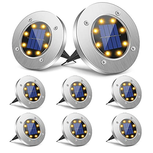 Solar Ground Lights-8 LED Warm Light Outdoor Solar Disk Lights-Waterproof Outdoor In-Ground Lights-Solar Garden Lights-Landscape Lighting for Lawn Ground Pathway Driveway Walkway Patio Yard-Wram- Solar Ground Lights-8 LED Warm Light Outdoor Solar Disk Lights-Waterproof Outdoor In-Ground Lights-Solar Garden Lights-Landscape Lighting for Lawn Ground Pathway Driveway Walkway Patio Yard-Wram-
