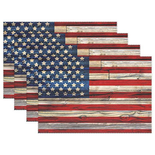 Naanle Wooden American Flag Placemats Set of 6- 4th of July Star and Stripe Non Slip Heat-Resistant Washable Table Place Mats for Kitchen Dining Table Home Decoration- 12inch x 18inch