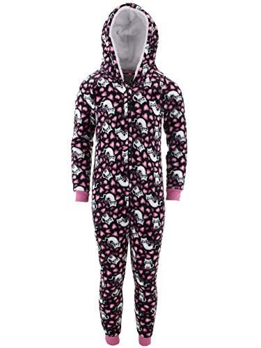 Rene Rofe Girls Cats Hearts Black Hooded One-Piece Pajamas 6-6X