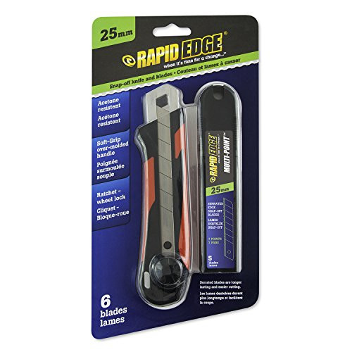 Rapid Edge 25mm Utility Knife with 6 Rapid Edge Serrated Snap-Off Blades and Acetone-Resistant Soft Grip Handle (1 Pack)