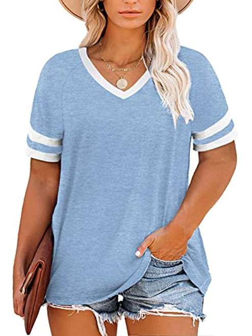 VISLILY Plus Size V Neck T Shirts Women 3XL Summer Tee V Neck Tunics Tops Blue 22W VISLILY Plus Size V Neck T Shirts Women 3XL Summer Tee V Neck Tunics Tops Blue 22W