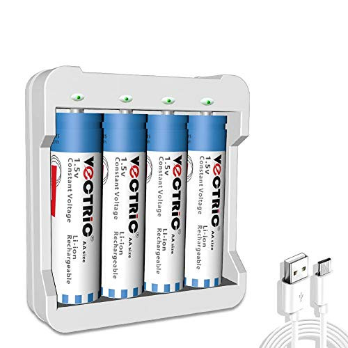 VECTRIC Rechargeable AA Lithium Ion Battery BMS and 1.5V Constant Voltage 3000mWh Lithium Rechargeable AA Batteries for High-Power Devices -4 Batteries with Smart Charger-