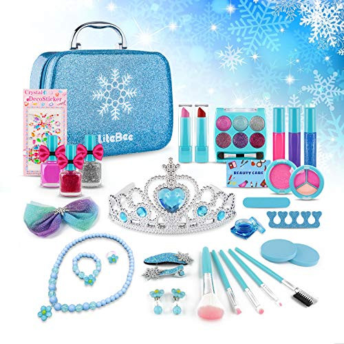 LiteBee Kids Makeup Kit for Girl - 33pcs Real Washable Make Up Set for Little Girls 4 5 6 7 8 9 10 Year Old Safe  and  Non-Toxic Princess Makeup Pretend Playset Toys Gifts for Young Children