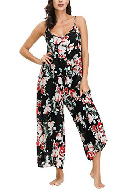 wexcen Womens Floral Printed Jumpsuits Casual Sleeveless Spaghetti Strap Rompers Wide Leg Pants with Two Pockets Black M