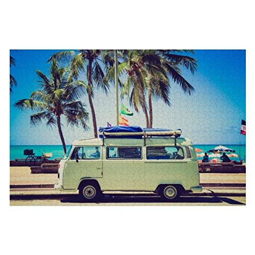 Colorful Vintage Turquoise Camper Bus at Beach Puzzles for Adults- 500 Piece Kids Jigsaw Puzzles Game Toys Gift for Children Boys and Girls- 15inch x 20inch