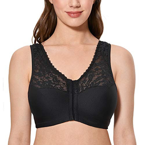 CALVENA Women's Front Closure Bra Full Coverage Wirefree Lace Plus Size Bra Racerback Black 44D