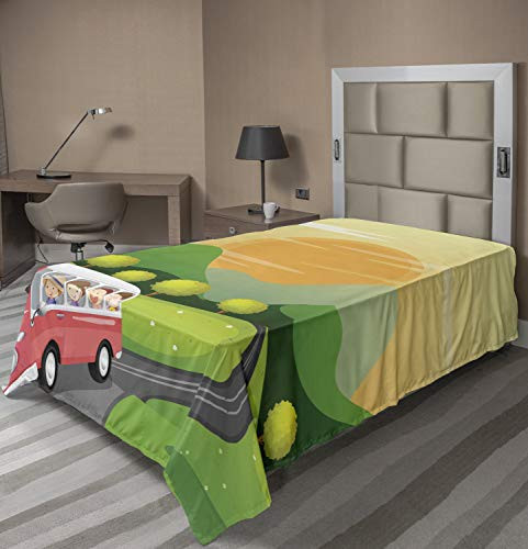 Lunarable Road Trip Flat Sheet- on Their Way to Outdoors Adventure in a Bus Theme Forest Nature Print- Soft Comfortable Top Sheet Decorative Bedding 1 Piece- Twin Size- Multicolor