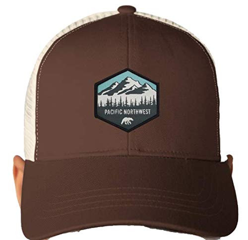 PNW Wonderland Apparel Pacific Northwest Original Snapback Trucker HAT with Patch -Brown on White-