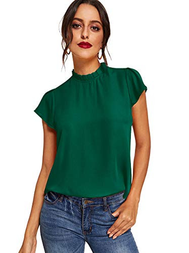 Romwe Women's Elegant Short Sleeve Mock Neck Workwear Blouse Top Shirts Green XL