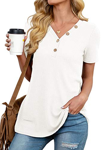 ANIXAY Womens Button Up Blouses Waffle Knit Tunic Tops Short Sleeve Loose Fitting Daily Casual V Neck Henley Tops White-Large