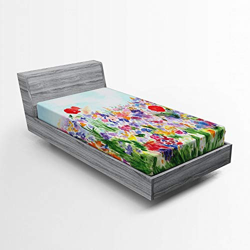 Ambesonne Watercolor Flower Fitted Sheet- Floral Summer Garden with Grass and Blooms Love Illustration Print- Bed Cover with All-Round Elastic Deep Pocket for Comfort- Twin Size- Red Green Purple