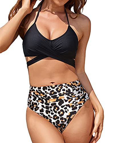 Holipick Women Black Leopard High Waisted Push up Bikini Halter Criss Cross Wrap Two Piece Bathing Suits Bandage Swimsuits S