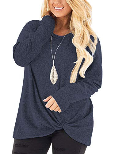 Womens Plus Size Knotted Tops Casual Long Sleeve T-Shirts Blouses Navy Blue-18W