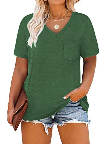 Womens Summer Tops Plus Size V Neck Casual Loose Fit Tees Tops 3X Green 24W