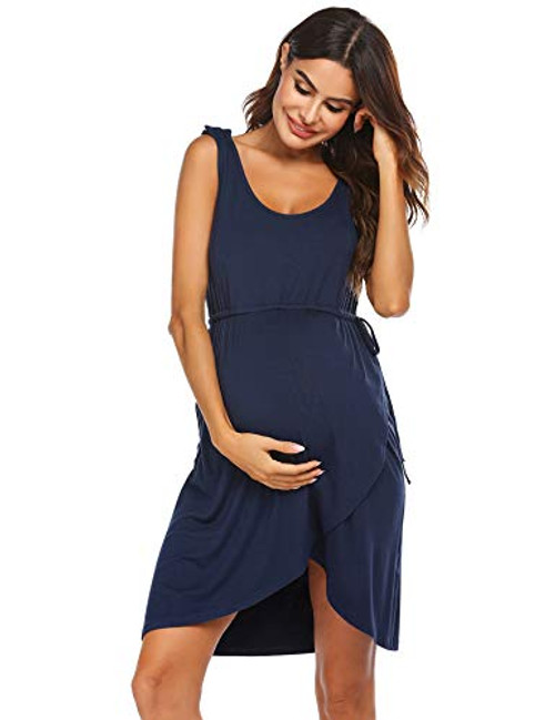 Ekouaer Breastfeeding Dress Maternity Nightgown Pregnant Nursing Nightdress -Navy- Large- Ekouaer Breastfeeding Dress Maternity Nightgown Pregnant Nursing Nightdress -Navy- Large-