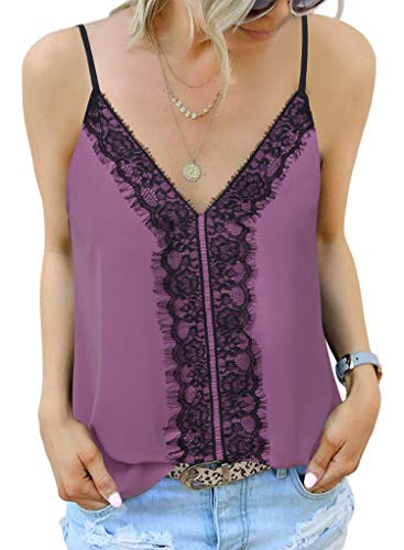 Lotusmile Tank Tops for Women Casual Summer Elegant V Neck Lace Trim Satin Chiffon Tank Blouse Cami Dressy Cute Camisole Sleeveless Shirts Loose Cool Summer Clohtes-Violet-Large-