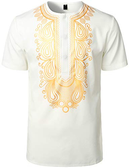 LucMatton Men's African Traditional Hidden Button Short Sleeve Shirt Luxury Metallic Gold Printed Dashiki White Large LucMatton Men's African Traditional Hidden Button Short Sleeve Shirt Luxury Metallic Gold Printed Dashiki White Large