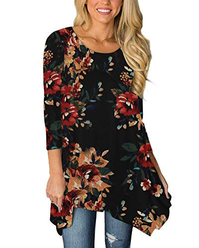 MIROL Women's Spring Floral Print 3/4 Sleeve Irregular Hem Asymmetrical Tunic Loose Long Blouse Tops -Large- B-Flower-6-