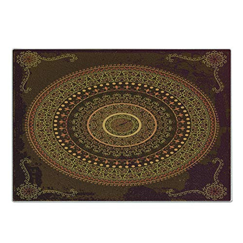 Lunarable Mandala Cutting Board- Traditional Mandala Chart Motif in Bohemian Cultural- Decorative Tempered Glass Cutting and Serving Board- Small Size- Green Brown and Mustard