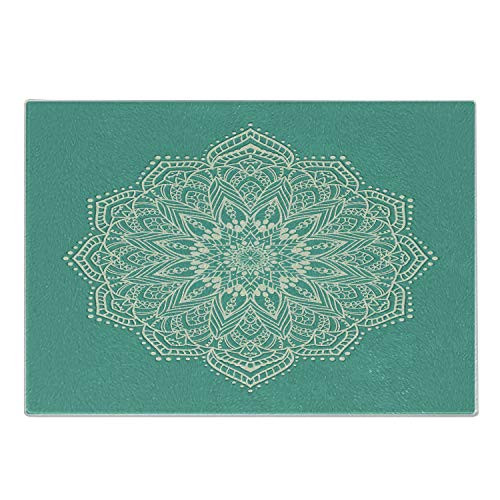 Lunarable Mandala Cutting Board- Eastern Microcosm Chart with Floral Center Point Space Yantra Yoga Image Print- Decorative Tempered Glass Cutting and Serving Board- Small Size- Teal Beige