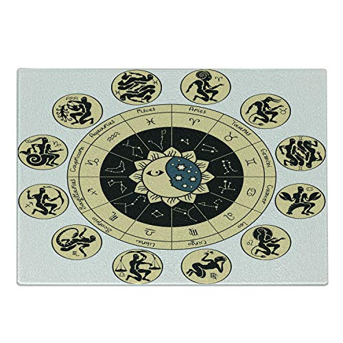 Ambesonne Astrology Cutting Board- Ethnical Tribal Horoscope Chart with Signs and Names Image Print- Decorative Tempered Glass Cutting and Serving Board- Small Size- Black White and Yellow