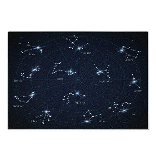 Ambesonne Constellation Cutting Board- Sky Star Map with Geometric Circle Space Night Horoscopes Chart Dark- Decorative Tempered Glass Cutting and Serving Board- Small Size- Dark Blue White