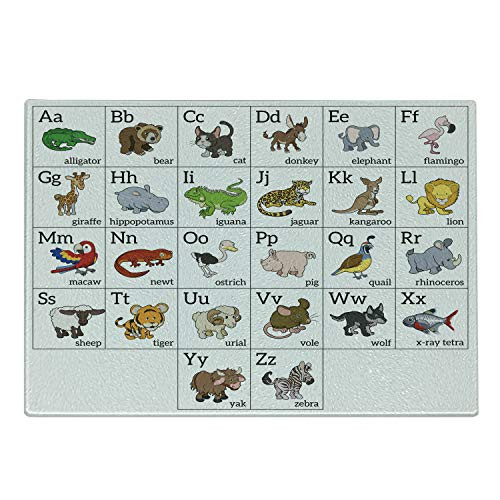 Ambesonne ABC Cutting Board- Alphabet Learning Chart Cartoon Animals Names Letters Upper and Lowercase Print- Decorative Tempered Glass Cutting and Serving Board- Small Size- Multicolor