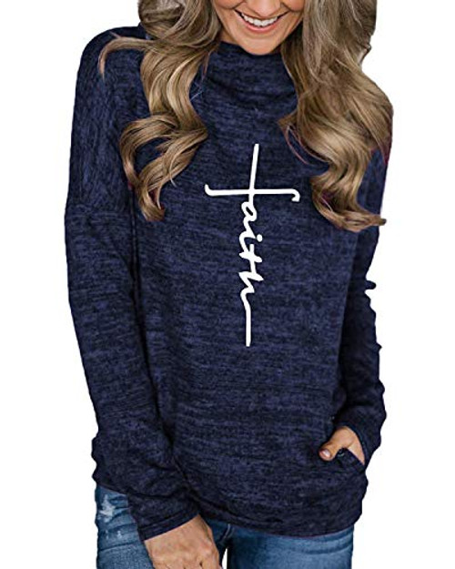 Unidear Women's Cowl Neck Pullover Faith Print Casual Tunic Sweatshirts with Pockets 2Navy Blue XL Unidear Women's Cowl Neck Pullover Faith Print Casual Tunic Sweatshirts with Pockets 2Navy Blue XL