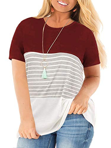 VISLILY Women's Plus Size Tunic Tops Short Sleeve Loose Stripe Tee Shirts Wine Red 26W