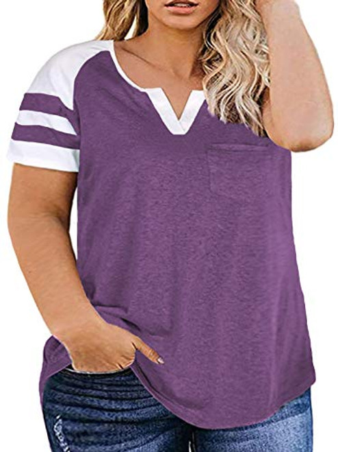 Summer Tops for Women Plus Size Casual V Neck T Shirts Cute Tunics Purple 28W
