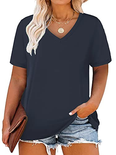 Summer Plus Size Tops for Women 4X Oversized V Neck Tops Navy Blue 26W