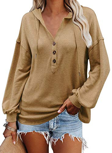 VICHYIE Womens Plus Size Hoodies Long Sleeve Tunic Top Button Down V Neck Loose Casual Drawstring Henley Shirt Pullover Sweatshirt Blouses Yellow XL