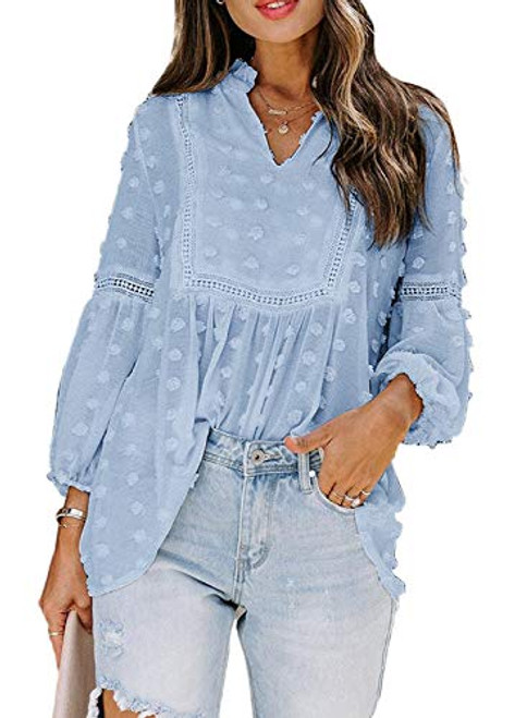 AlvaQ Women's Blue Chiffon Blouses Boho Tops Chic Long Sleeve Lace Crochet Swiss Dot Pom Pom Flowy Babydoll Tunic Shirts Large AlvaQ Women's Blue Chiffon Blouses Boho Tops Chic Long Sleeve Lace Crochet Swiss Dot Pom Pom Flowy Babydoll Tunic Shirts Large