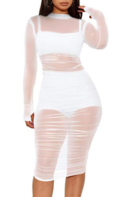Fastkoala Mesh Dress Sheer See Through Bodycon Sexy Clubwear Three Piece Outfits for Women Long Sleeve with Thumbhole Small White Fastkoala Mesh Dress Sheer See Through Bodycon Sexy Clubwear Three Piece Outfits for Women Long Sleeve with Thumbhole Small White