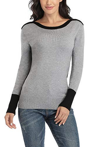 Dilgul Women's Crewneck Sweater Color Block Long Sleeve Knit Top Sweaters Gray S