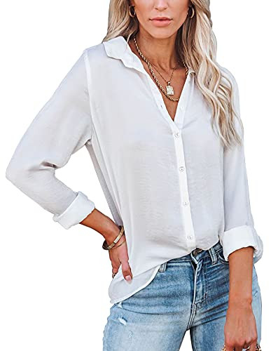 Diosun Womens Button Down V Neck Shirts Long Sleeve Office Casual Business Plain Blouses Tops White