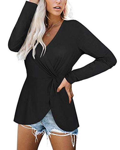 VOTEPRETTY Women's Casual Long Sleeve Wrap Shirt V-Neck Twist Knotted Tunic Blouse Tops -Black-S- VOTEPRETTY Women's Casual Long Sleeve Wrap Shirt V-Neck Twist Knotted Tunic Blouse Tops -Black-S-