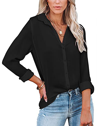 Diosun Womens Button Down V Neck Shirts Long Sleeve Office Casual Business Plain Blouses Tops -Medium- Black- m-