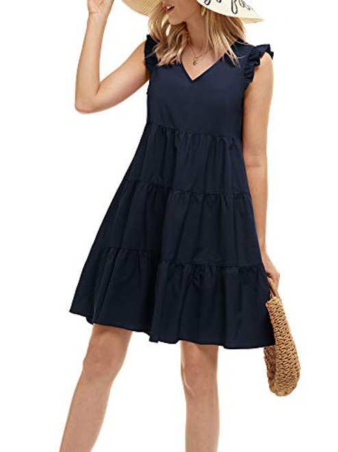 GUBERRY Summer Dresses Swing V Neck Pleated Tiered Flowy Ruffle Shift Mini Dress-Large-Navy Blue-