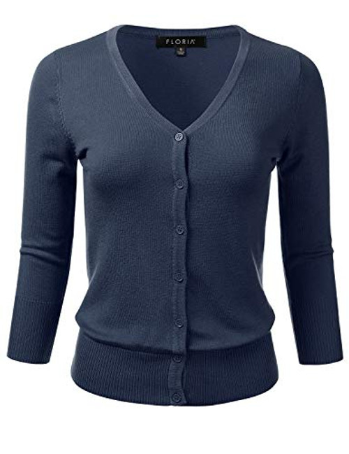 FLORIA Women's Button Down 3/4 Sleeve V-Neck Stretch Knit Cardigan Sweater Navy L